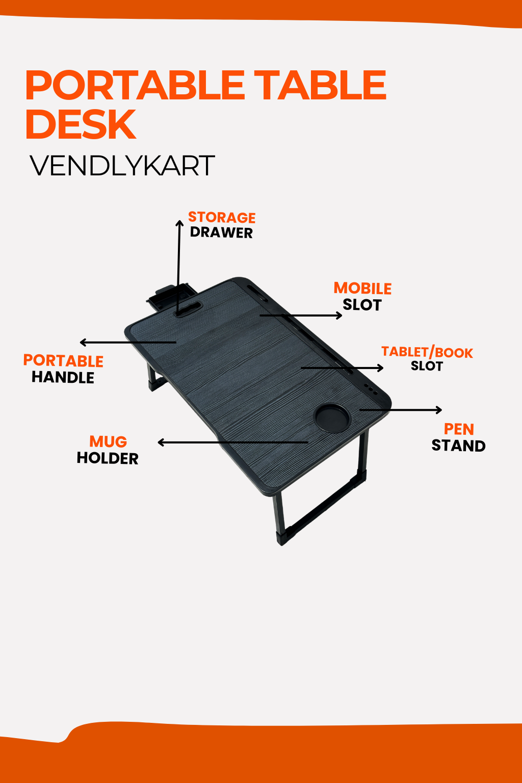 Portable Table Desk – Black | Foldable Laptop & Study Table