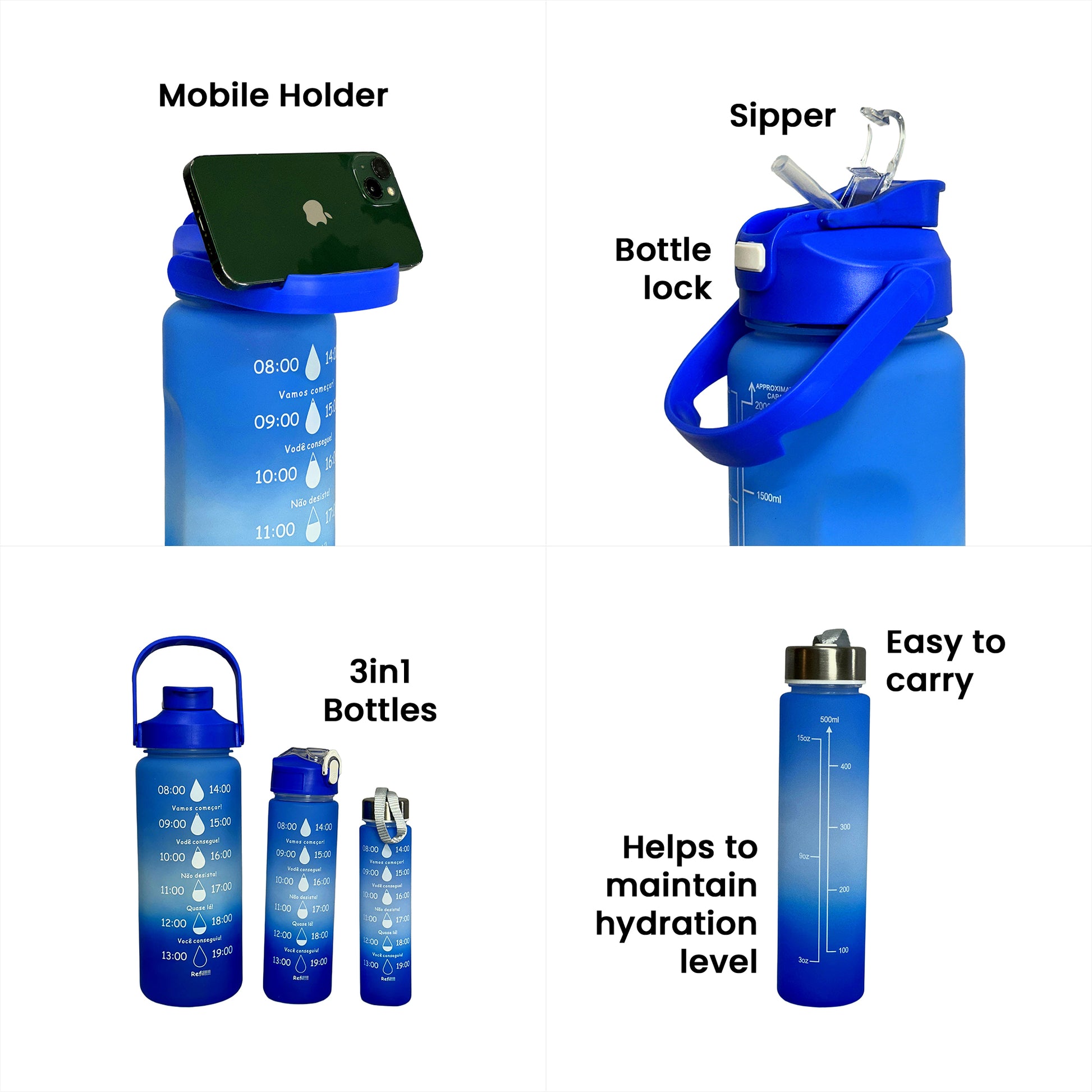 3 Motivational Water Bottles Set – Time Marker & Quotes