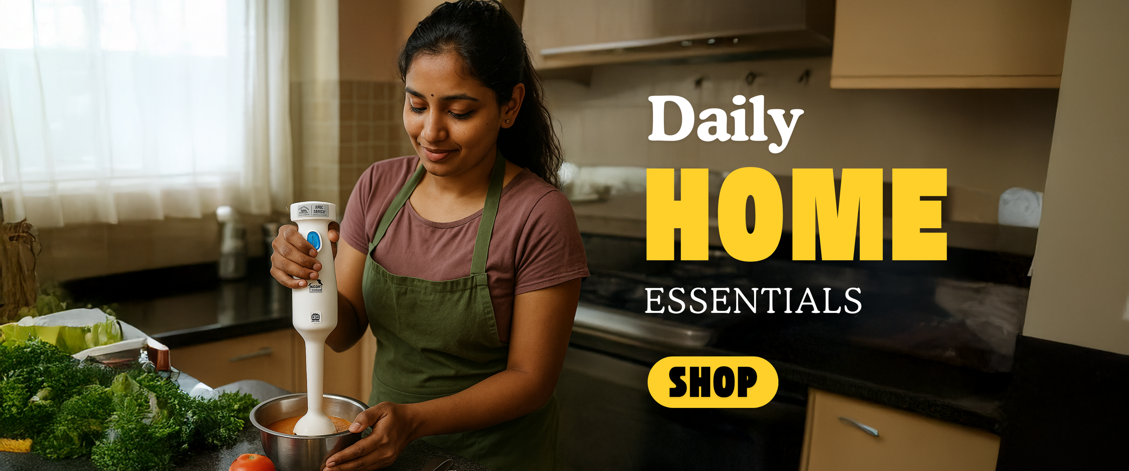 Woman in a kitchen using a blender with text overlay 'Daily HOME ESSENTIALS SHOP'.