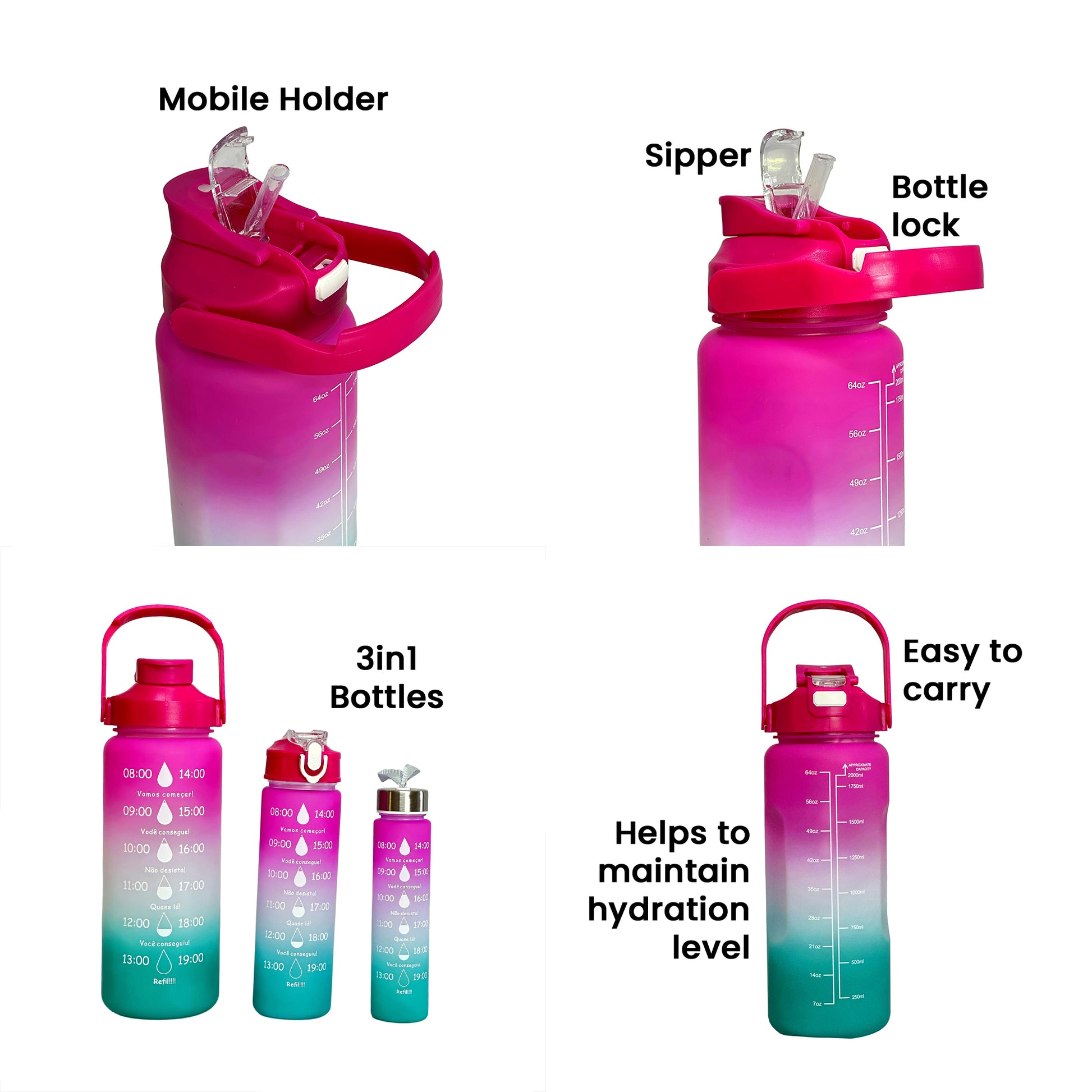 3 Motivational Water Bottles Set – Time Marker & Quotes