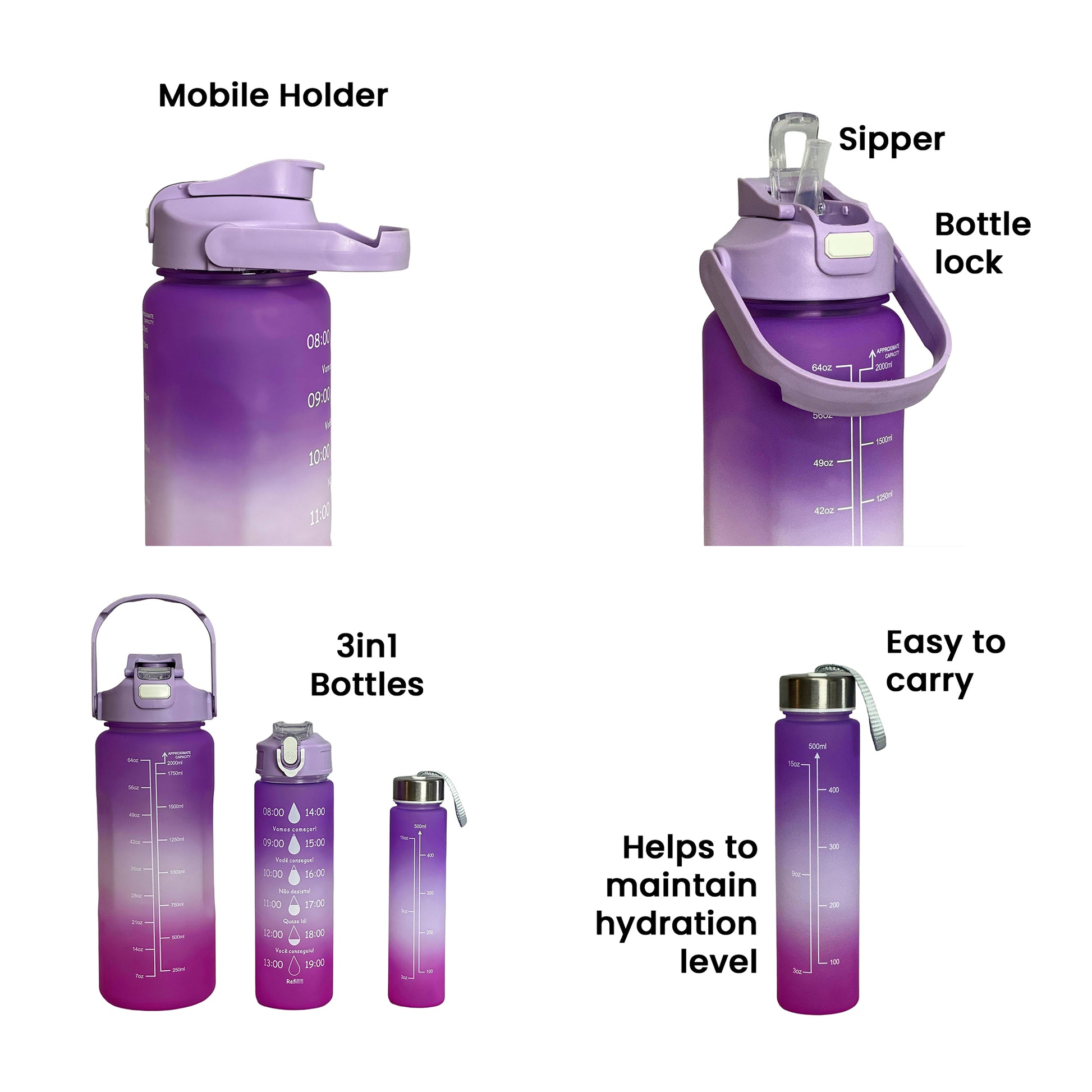 3 Motivational Water Bottles Set – Time Marker & Quotes