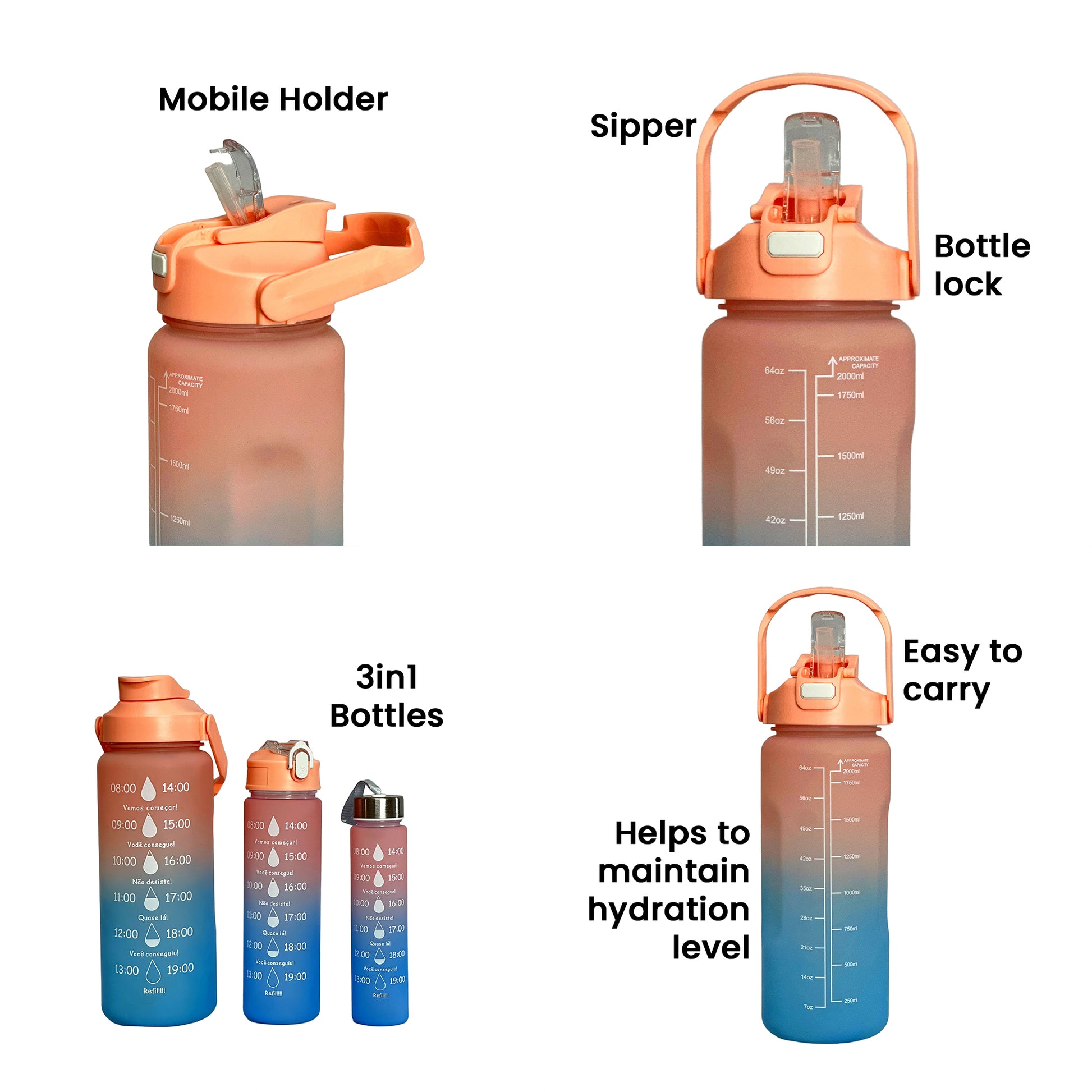 3 Motivational Water Bottles Set – Time Marker & Quotes